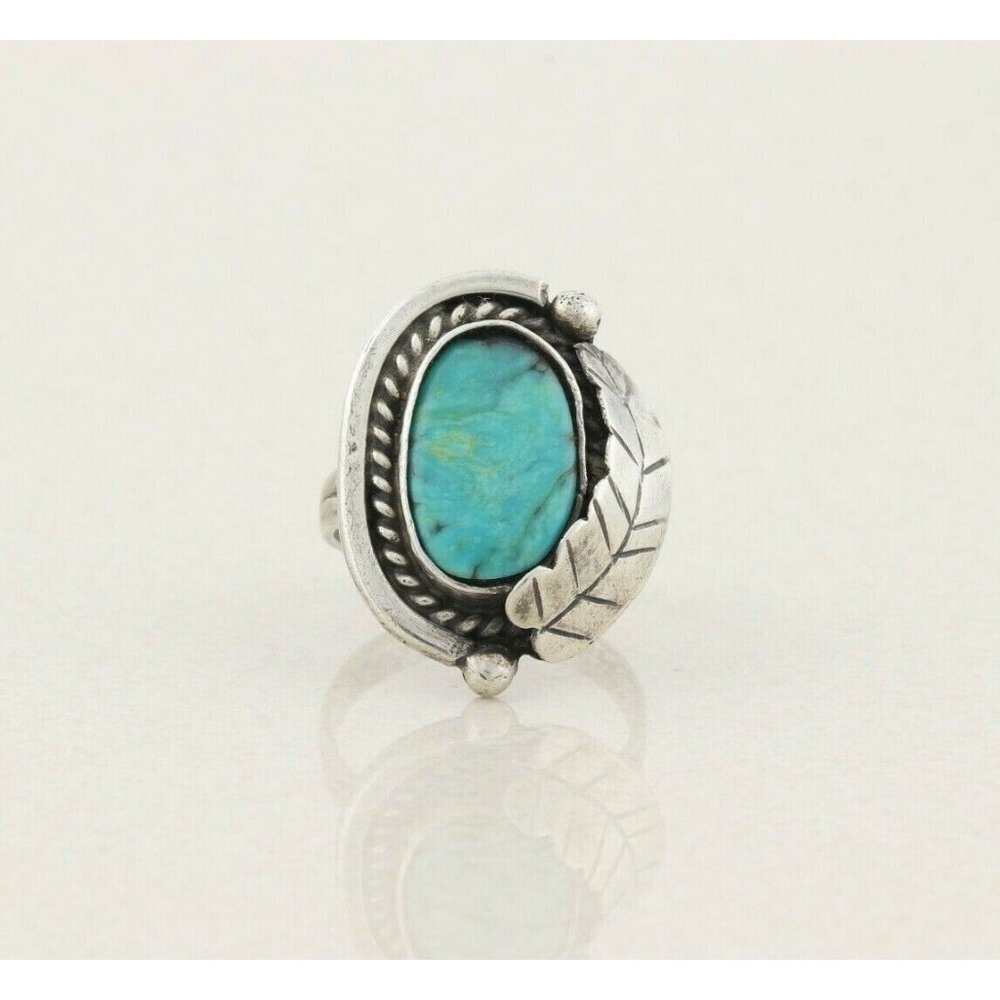 Sterling Silver Blue Turquoise Leaf Ring Size 7 1/2